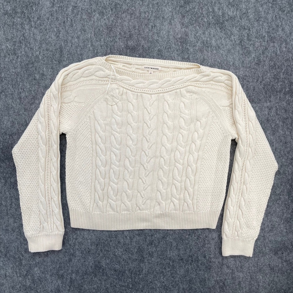 Lucky Brand Sweater Womens Large Cream Cable Knit Boat Neck Raglan New